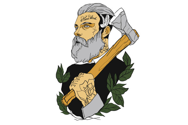 Vector illustration of a brutal bearded man, macho with an ax in his hand  