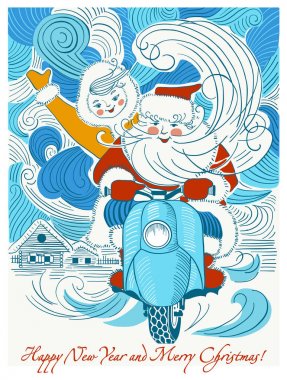 Çizgi film baba Frost ve kar Maiden ile yeni yıl tebrik kartı. Noel hediye kartı. Kış tatil Noel Kartpostalı Ded Moroz ve Snegurochka. Vektör çizim.
