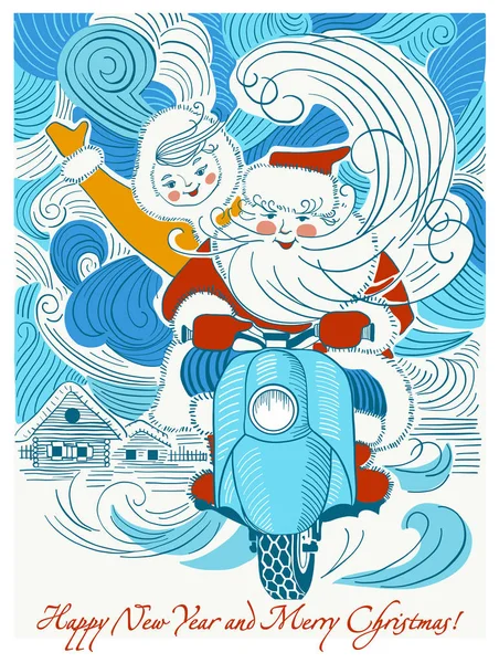 Cartão Saudação Ano Novo Com Desenhos Animados Father Frost Snow — Vetor de Stock