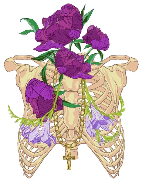 Illustration of a human rib cage with peonies and gold nicklace.