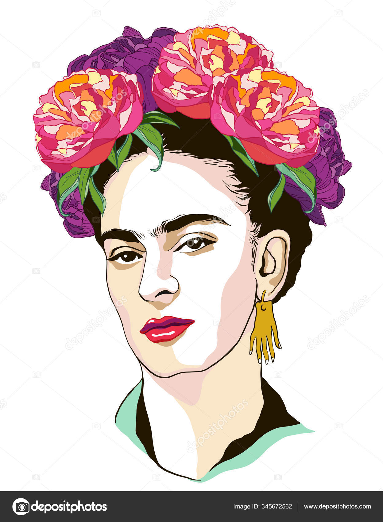 Magdalena Carmen Frida Kahlo Portrait Wreath Color Peonies Stock Vector ...