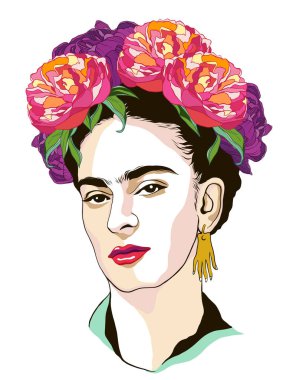Magdalena Carmen Frida Kahlo 'nun renkli şakayık çelengi ile portresi