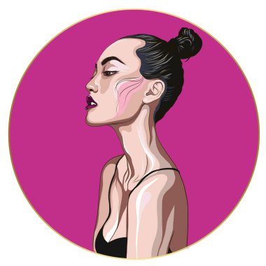 Manken kız yüzü. Siyah elbiseli güzel kız.