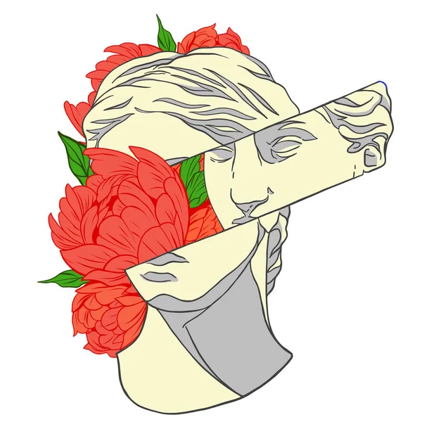 アンティークバストと花 花とアンティークの像の頭 入れ墨の図面 — ストックベクタ
