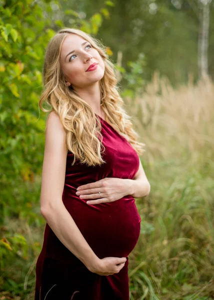 긴 금발 머리 공원에서 여가 즐기는 와인 색 드레스에 꿈꾸는 임신한 여자 — 스톡 사진