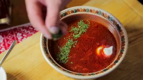 Detalhe da sopa de beterraba com salsa. Comida tradicional ucraniana e russa — Vídeo de Stock