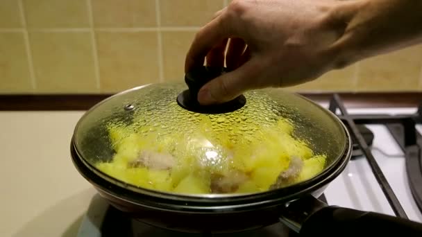 Matlagning potatis i en stekpanna. Doftande stekt potatis — Stockvideo