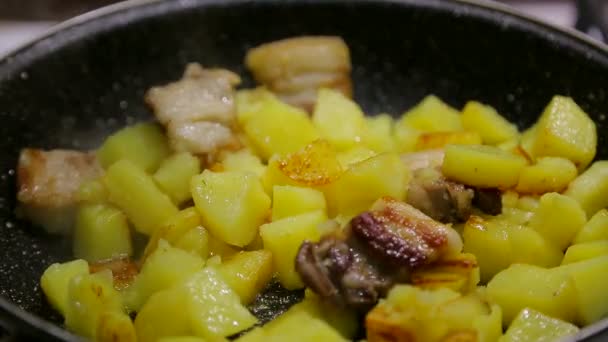De cerca. Cocinar las patatas en una sartén. Patatas fritas fragantes — Vídeo de stock