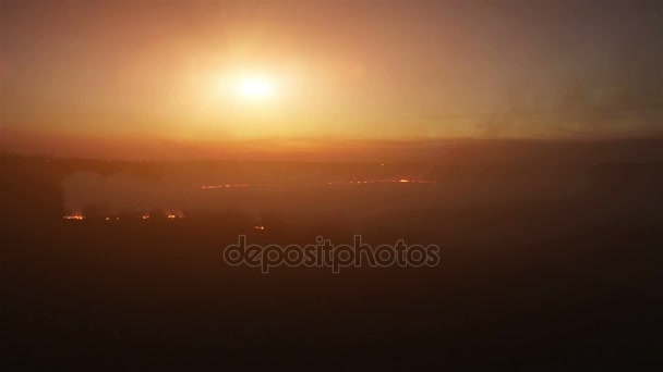 空中消防领域夜 4 k。在晚上的燃烧领域。大规模的火，从顶部视图。照相机飞过浓浓的烟雾。在大面积的烟雾 — 图库视频影像