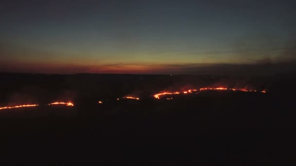 Letecká požár pole noc 4k. Hořící pole v noci. Rozsáhlý požár, pohled shora. Kamera letí přes hustý kouř. Smog ve velké oblasti — Stock video