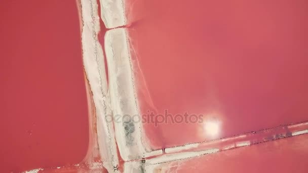 Αεροφωτογραφία των δεξαμενών εξάτμισης θαλασσινού αλατιού με ροζ χρώμα πλαγκτόν — Αρχείο Βίντεο