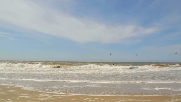 Kitesurfing. The waves of the north Sea are rolled on a sandy beach. Background of the sea — Stock Video