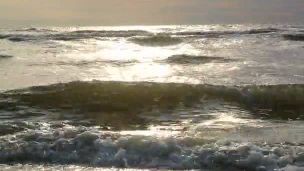 El agua de mar lava la arena en la playa en un día soleado — Vídeos de Stock