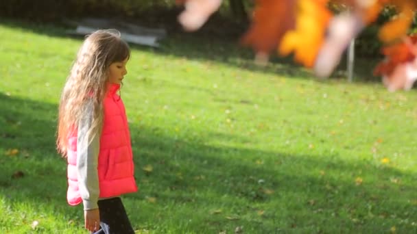 秋の公園で歩く少女。女の子のステップと一緒にプロファイルにカメラの動き — ストック動画