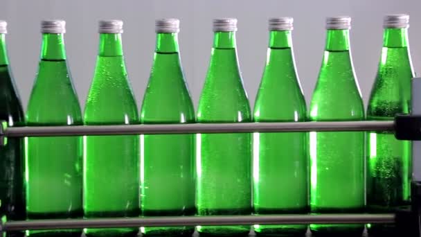 Green bottles for mineral water are moving along the automatic production line. — Stock Video