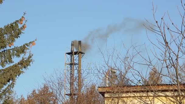 Luchtfoto van Moskou met rook gaat van buizen van energiecentrale in koude dag in de winter — Stockvideo