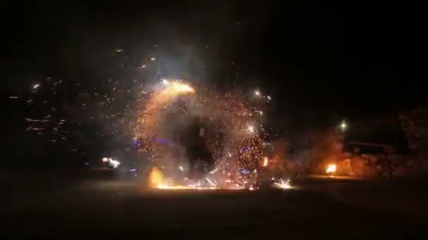 Fireworks. Fire show. Boys and girls dance in shoes that glow in the night. Part 18 — Stock Video