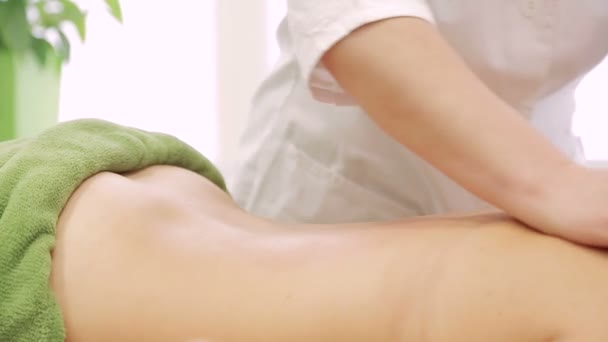 Mulher bonita recebendo massagem corporal no salão de beleza — Vídeo de Stock