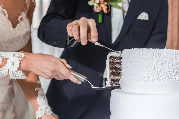 Bräute schneiden Hochzeitstorte an. lizenzfreie Stockfotos