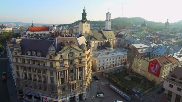 Aerial Old City Lviv, The Central part of the city, the house of books — Stock Video