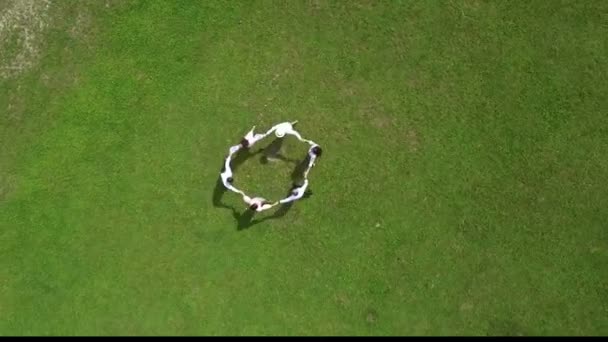 Aerial Shot. View on top. A group of young people dancing on green galavini holding hands in honor of the Saint. Outside — Stock Video