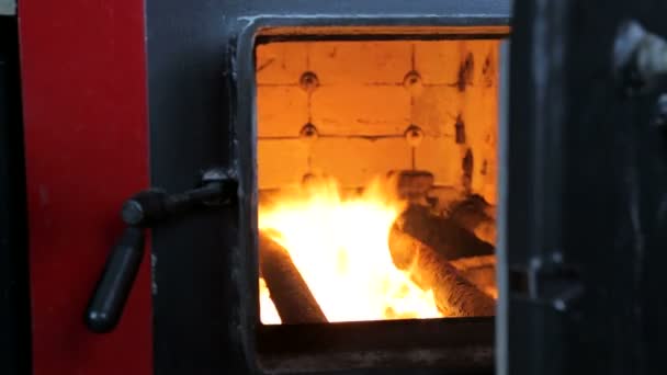 Le combustible brûle dans une chaudière industrielle. Vue par la porte ouverte — Video