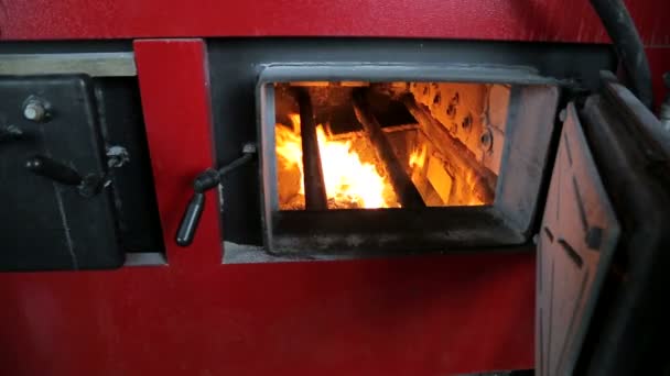 Fuel burns in an industrial boiler. View through the open door — Stock Video