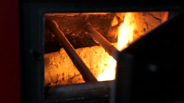 Fuel burns in an industrial boiler. View through the open door — Stock Video