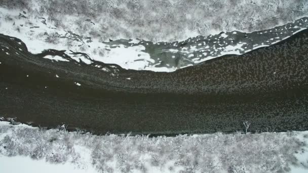 Winter rivier in de bergen. Prachtige bergachtige winterlandschap. Bovenaanzicht — Stockvideo