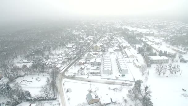 冬の川の上を飛んで空中。雪に覆われた冬の風景を見事な蛇行川. — ストック動画