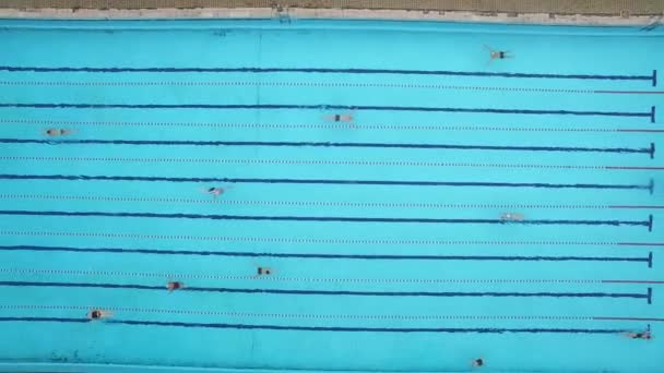 Пловцы тренируются зимой в олимпийском бассейне. Воздушный удар — стоковое видео