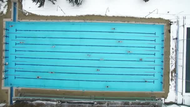 Téli olimpiai uszoda úszók gyakorlat. Légi felvétel — Stock videók
