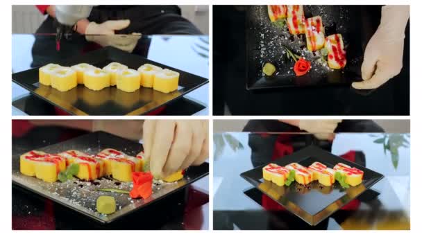 Ett collage av sushi ingredienser. Matlagning sushi. — Stockvideo