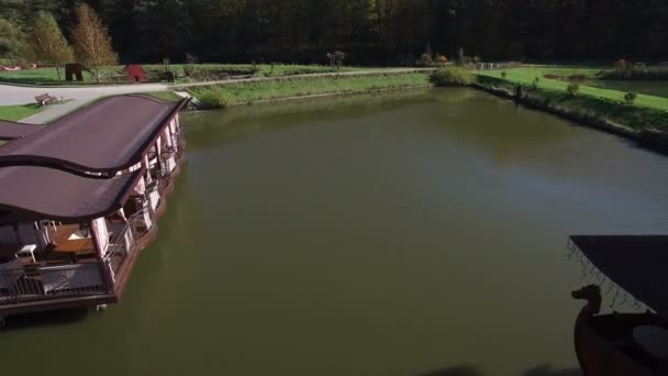 Luchtfoto. Tevreden bruiden zijn op een zonnige dag op een brug in de buurt van het meer — Stockvideo