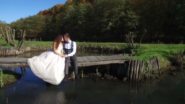 As noivas se sentam perto do lago em uma pequena ponte no parque — Vídeo de Stock