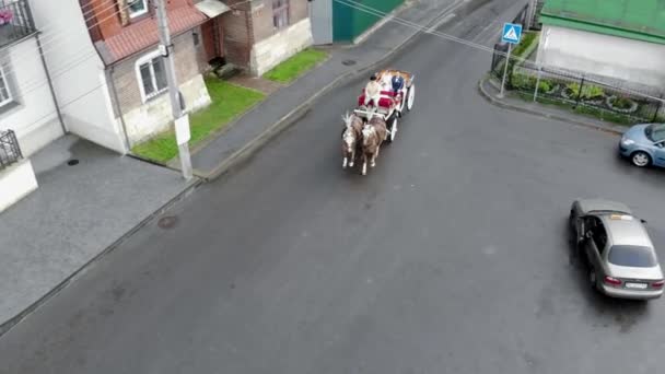 El carruaje de vista aérea con caballos se mueve por la calle. Viaje turístico en autocar con caballos que llaman al hotel — Vídeo de stock