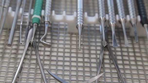The dentists tool kit is in a special box. Panorama of the dentists tools — 비디오