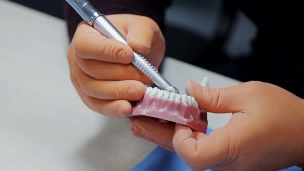 Close-up of a dentist practicing on a mock-up of a skeleton of teeth using a drill machine. the dentist deftly practices aligning the front teeth on the layout — ストック動画
