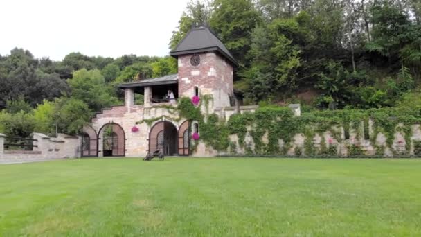 Brides in a small castle are standing next to each other, hugging. Newlyweds on the balcony of a magnificent castle, which is overgrown with hedges — ストック動画