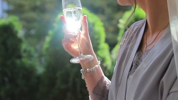 Una copa de champán en la mano de las chicas. Un rayo de luz solar brilla en una copa de champán. La chica bebe de una copa de champán. — Vídeo de stock