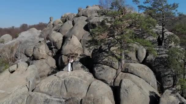 El día de la boda de los recién casados en las rocas. Volando un dron alrededor de una joven pareja que está de pie sobre las rocas . — Vídeo de stock