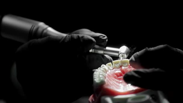 Dentist in black gloves Close-up of on a mock-up of a skeleton of teeth using a drill machine. the dentist deftly practices aligning the front teeth on the layout — Stock Video