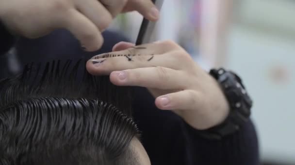 Corte de cabelo numa barbearia. Barbeiro penteia o cabelo dos clientes e polvilhe água em seu cabelo . — Vídeo de Stock