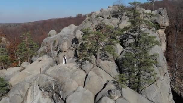 El día de la boda de los recién casados en las rocas. Volando un dron alrededor de una joven pareja que está de pie sobre las rocas . — Vídeo de stock