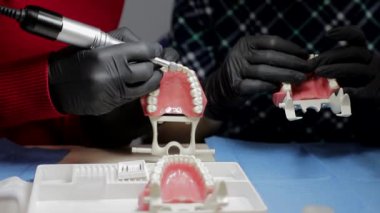 Siyah eldivenli iki stajyer dişçi, çenesi erkek çenesi gibi. Matkap makinesini kullanan kişinin çene modeli üzerinde pratik yap.
