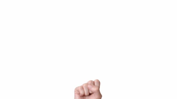 Mensen hand op een witte achtergrond van isolaat, toont twee vingers omhoog. Plaats om tekst of achtergrond in te voegen. Emoties van een persoon hand op een witte achtergrond. — Stockvideo
