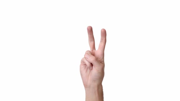 Mano humana sobre un fondo blanco aislado, la persona muestra dos dedos. Lugar para insertar texto o fondo. Emociones de una persona mano sobre un fondo blanco . — Vídeo de stock