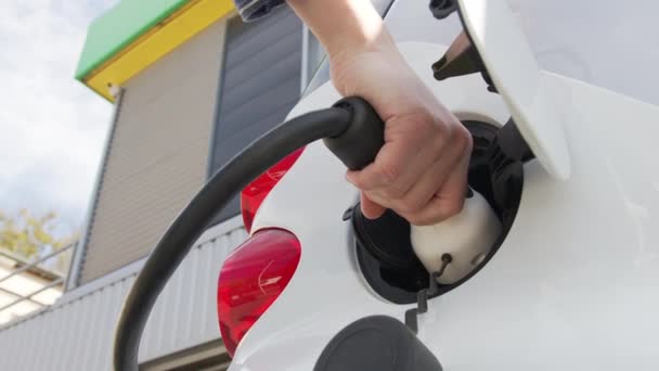 Mans mão insere o cabo de carregamento para carregar o carro elétrico. Carregar um carro elétrico em um posto de gasolina . — Vídeo de Stock