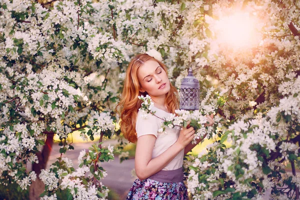 Model Red Hair Posing Blooming Apple Tree — Stock Photo, Image