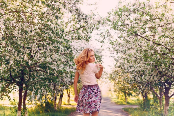 Model Red Hair Posing Blooming Apple Tree — Stock Photo, Image